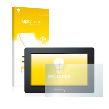 Parte frontal de un envase de producto con el logotipo de la marca upscreen. Al lado se muestra el dispositivo Blackmagic Desi