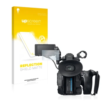 Parte frontal de un envase de producto con el logotipo de la marca upscreen. Al lado se muestra el dispositivo Sony PXW-FS5 co