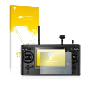 Parte frontal de un envase de producto con el logotipo de la marca upscreen. Al lado se muestra el dispositivo Yuneec ST16 con