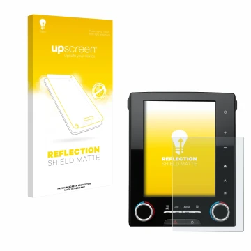 Parte frontal de un envase de producto con el logotipo de la marca upscreen. Al lado se muestra el dispositivo Renault Megane 