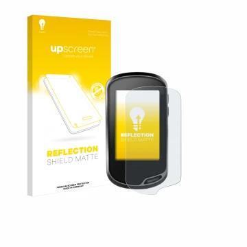 Parte frontal de un envase de producto con el logotipo de la marca upscreen. Al lado se muestra el dispositivo Garmin Oregon 7