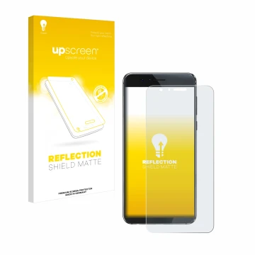 Parte frontal de un envase de producto con el logotipo de la marca upscreen. Al lado se muestra el dispositivo Honor 8 con su 