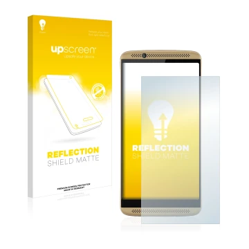 Parte frontal de un envase de producto con el logotipo de la marca upscreen. Al lado se muestra el dispositivo ZTE Axon 7 con 