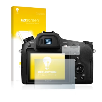 Parte frontal de un envase de producto con el logotipo de la marca upscreen. Al lado se muestra el dispositivo Sony Cyber-Shot