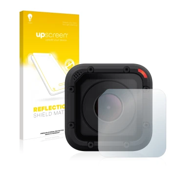 Parte frontal de un envase de producto con el logotipo de la marca upscreen. Al lado se muestra el dispositivo GoPro Hero Sess