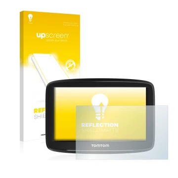 Parte frontal de un envase de producto con el logotipo de la marca upscreen. Al lado se muestra el dispositivo TomTom Start 52