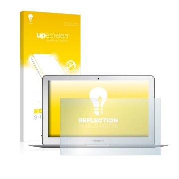 Parte frontal de un envase de producto con el logotipo de la marca upscreen. Al lado se muestra el dispositivo Apple MacBook A