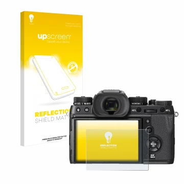 Parte frontal de un envase de producto con el logotipo de la marca upscreen. Al lado se muestra el dispositivo Fujifilm X-T2 c