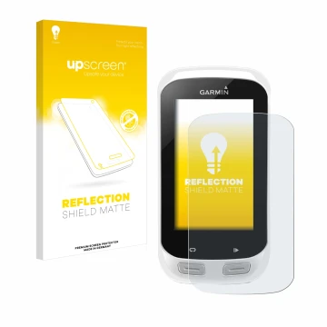 Parte frontal de un envase de producto con el logotipo de la marca upscreen. Al lado se muestra el dispositivo Garmin Edge Exp