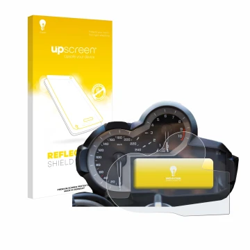 Parte frontal de un envase de producto con el logotipo de la marca upscreen. Al lado se muestra el dispositivo BMW R 1200 GS K
