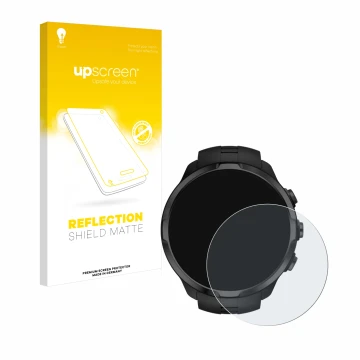 Parte frontal de un envase de producto con el logotipo de la marca upscreen. Al lado se muestra el dispositivo Suunto Spartan 