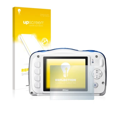 Parte frontal de un envase de producto con el logotipo de la marca upscreen. Al lado se muestra el dispositivo Nikon Coolpix W