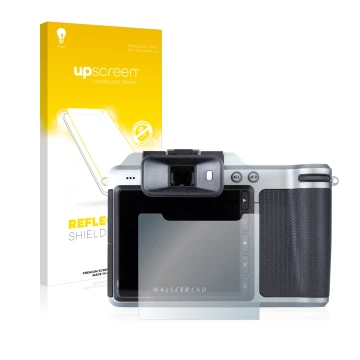 Parte frontal de un envase de producto con el logotipo de la marca upscreen. Al lado se muestra el dispositivo Hasselblad X1D-