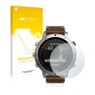 Parte frontal de un envase de producto con el logotipo de la marca upscreen. Al lado se muestra el dispositivo Garmin Fenix Ch
