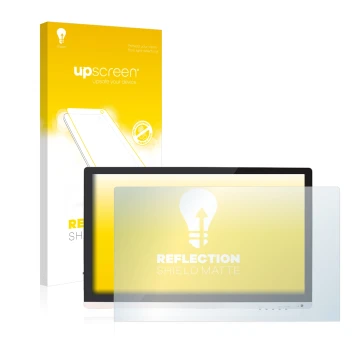 Parte frontal de un envase de producto con el logotipo de la marca upscreen. Al lado se muestra el dispositivo Huion GT220 con