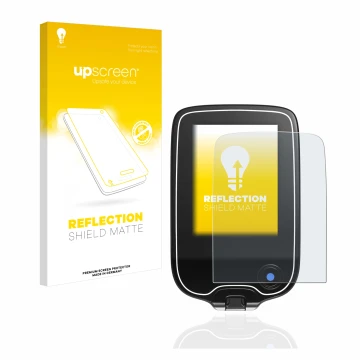 Parte frontal de un envase de producto con el logotipo de la marca upscreen. Al lado se muestra el dispositivo Freestyle Libre