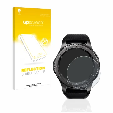 Parte frontal de un envase de producto con el logotipo de la marca upscreen. Al lado se muestra el dispositivo Samsung Gear S3