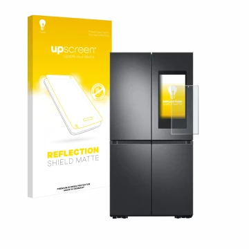 Parte frontal de un envase de producto con el logotipo de la marca upscreen. Al lado se muestra el dispositivo Samsung Family 