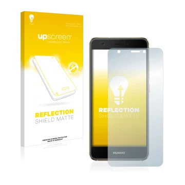 Parte frontal de un envase de producto con el logotipo de la marca upscreen. Al lado se muestra el dispositivo Huawei Nova con