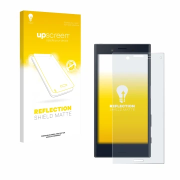 Parte frontal de un envase de producto con el logotipo de la marca upscreen. Al lado se muestra el dispositivo Sony Xperia X C