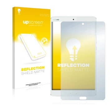 Parte frontal de un envase de producto con el logotipo de la marca upscreen. Al lado se muestra el dispositivo Huawei MediaPad