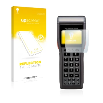 Parte frontal de un envase de producto con el logotipo de la marca upscreen. Al lado se muestra el dispositivo Casio DT-930 co