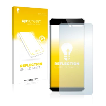 Parte frontal de un envase de producto con el logotipo de la marca upscreen. Al lado se muestra el dispositivo Vernee Mars con