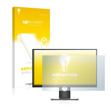 Parte frontal de un envase de producto con el logotipo de la marca upscreen. Al lado se muestra el dispositivo Dell P2417H con