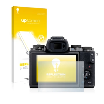 Parte frontal de un envase de producto con el logotipo de la marca upscreen. Al lado se muestra el dispositivo Canon EOS M5 co