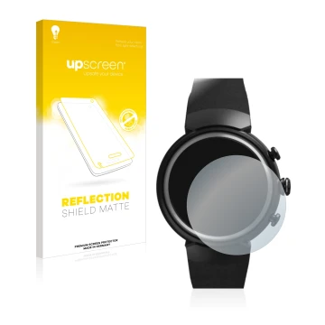 Parte frontal de un envase de producto con el logotipo de la marca upscreen. Al lado se muestra el dispositivo ASUS ZenWatch 3