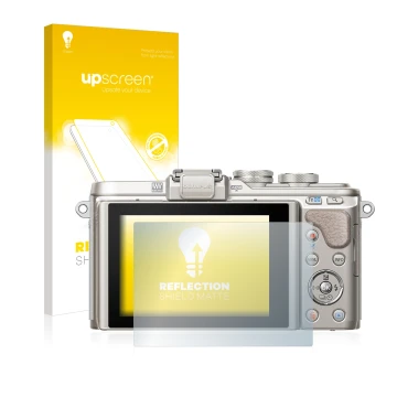 Parte frontal de un envase de producto con el logotipo de la marca upscreen. Al lado se muestra el dispositivo Olympus PEN E-P