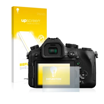 Parte frontal de un envase de producto con el logotipo de la marca upscreen. Al lado se muestra el dispositivo Panasonic Lumix