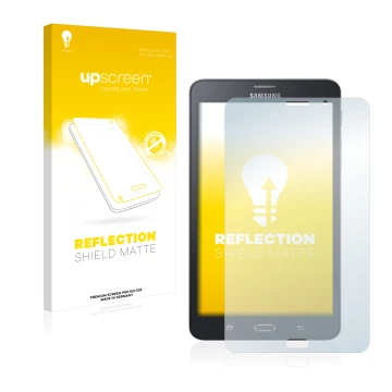 Parte frontal de un envase de producto con el logotipo de la marca upscreen. Al lado se muestra el dispositivo Samsung Galaxy 