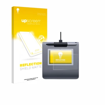 Parte frontal de un envase de producto con el logotipo de la marca upscreen. Al lado se muestra el dispositivo Wacom STU-430 c