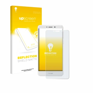 Parte frontal de un envase de producto con el logotipo de la marca upscreen. Al lado se muestra el dispositivo Honor 6X con su