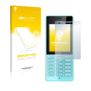 Parte frontal de un envase de producto con el logotipo de la marca upscreen. Al lado se muestra el dispositivo Nokia 216 con s