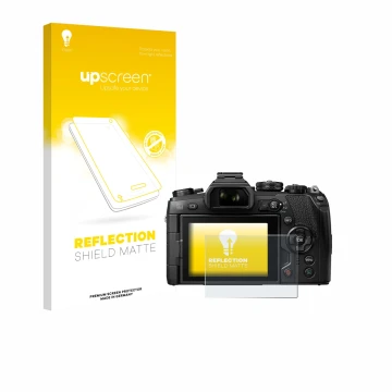 Parte frontal de un envase de producto con el logotipo de la marca upscreen. Al lado se muestra el dispositivo Olympus OM-D E-