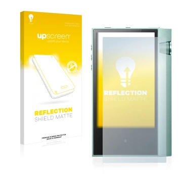 Parte frontal de un envase de producto con el logotipo de la marca upscreen. Al lado se muestra el dispositivo Astell&Kern AK7