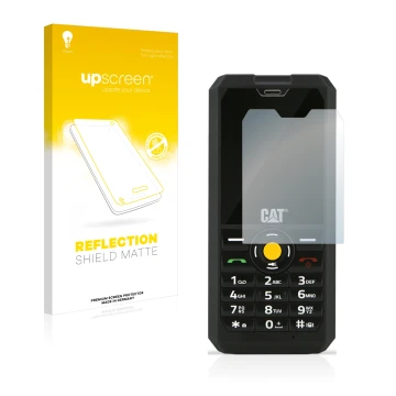 Parte frontal de un envase de producto con el logotipo de la marca upscreen. Al lado se muestra el dispositivo Caterpillar Cat