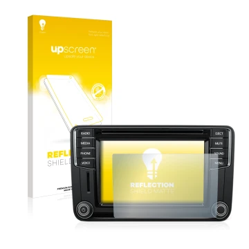 Parte frontal de un envase de producto con el logotipo de la marca upscreen. Al lado se muestra el dispositivo Volkswagen T6 2