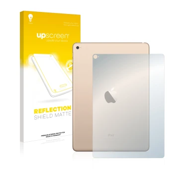 Parte frontal de un envase de producto con el logotipo de la marca upscreen. Al lado se muestra el dispositivo Apple iPad Air 