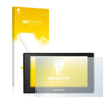 Parte frontal de un envase de producto con el logotipo de la marca upscreen. Al lado se muestra el dispositivo Garmin DriveTra