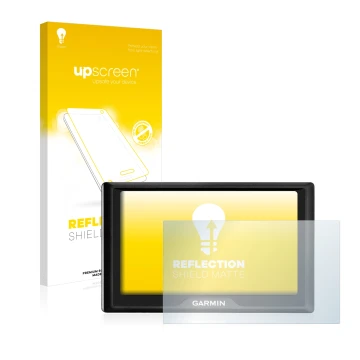 Parte frontal de un envase de producto con el logotipo de la marca upscreen. Al lado se muestra el dispositivo Garmin Drive 50