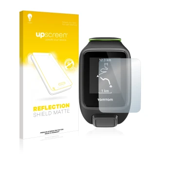Parte frontal de un envase de producto con el logotipo de la marca upscreen. Al lado se muestra el dispositivo TomTom Runner 3