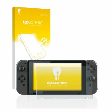 Parte frontal de un envase de producto con el logotipo de la marca upscreen. Al lado se muestra el dispositivo Nintendo Switch