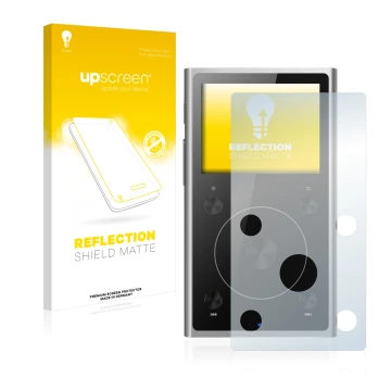 Parte frontal de un envase de producto con el logotipo de la marca upscreen. Al lado se muestra el dispositivo FiiO X1 II con 