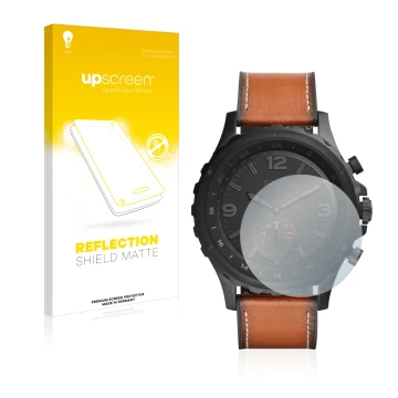 Parte frontal de un envase de producto con el logotipo de la marca upscreen. Al lado se muestra el dispositivo Fossil Q Nate c