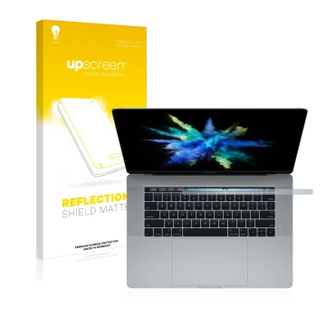 Parte frontal de un envase de producto con el logotipo de la marca upscreen. Al lado se muestra el dispositivo Apple MacBook P