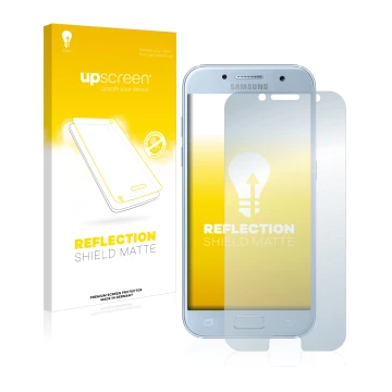 Parte frontal de un envase de producto con el logotipo de la marca upscreen. Al lado se muestra el dispositivo Samsung Galaxy 