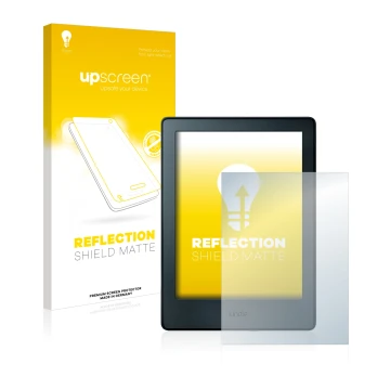 Parte frontal de un envase de producto con el logotipo de la marca upscreen. Al lado se muestra el dispositivo Amazon Kindle 2